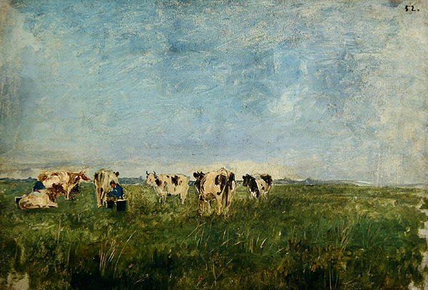 Vacas en un prado siendo ordeñadas de Paul Baum