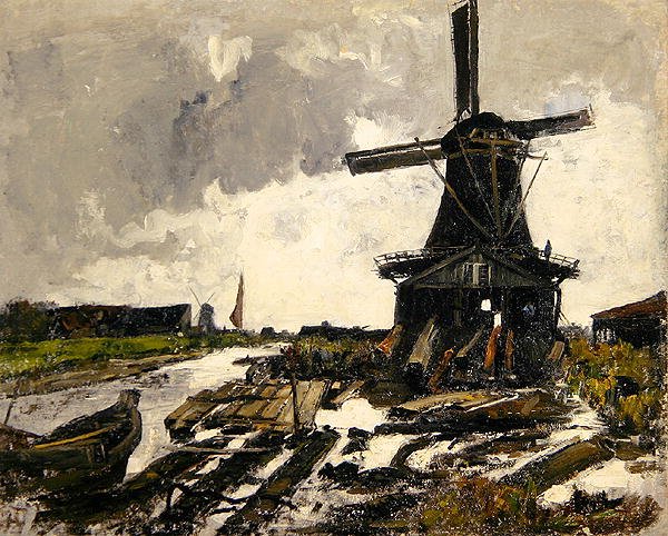 Holanda, un paisaje de canal con un molino de viento de sierra de madera, c.1885 de Paul Baum