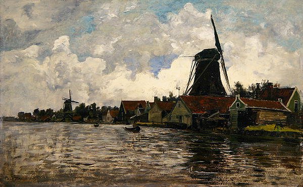 Holanda, paisaje fluvial con dos molinos de viento de Paul Baum