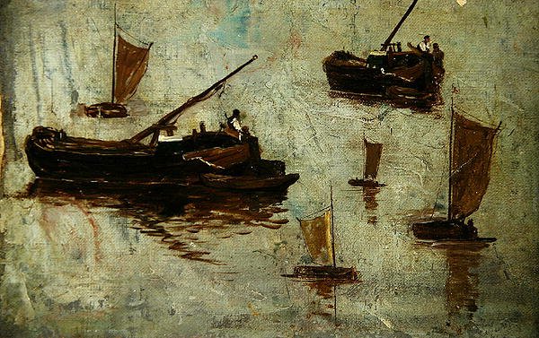 Dos barcazas y cuatro pequeños veleros en el agua de Paul Baum