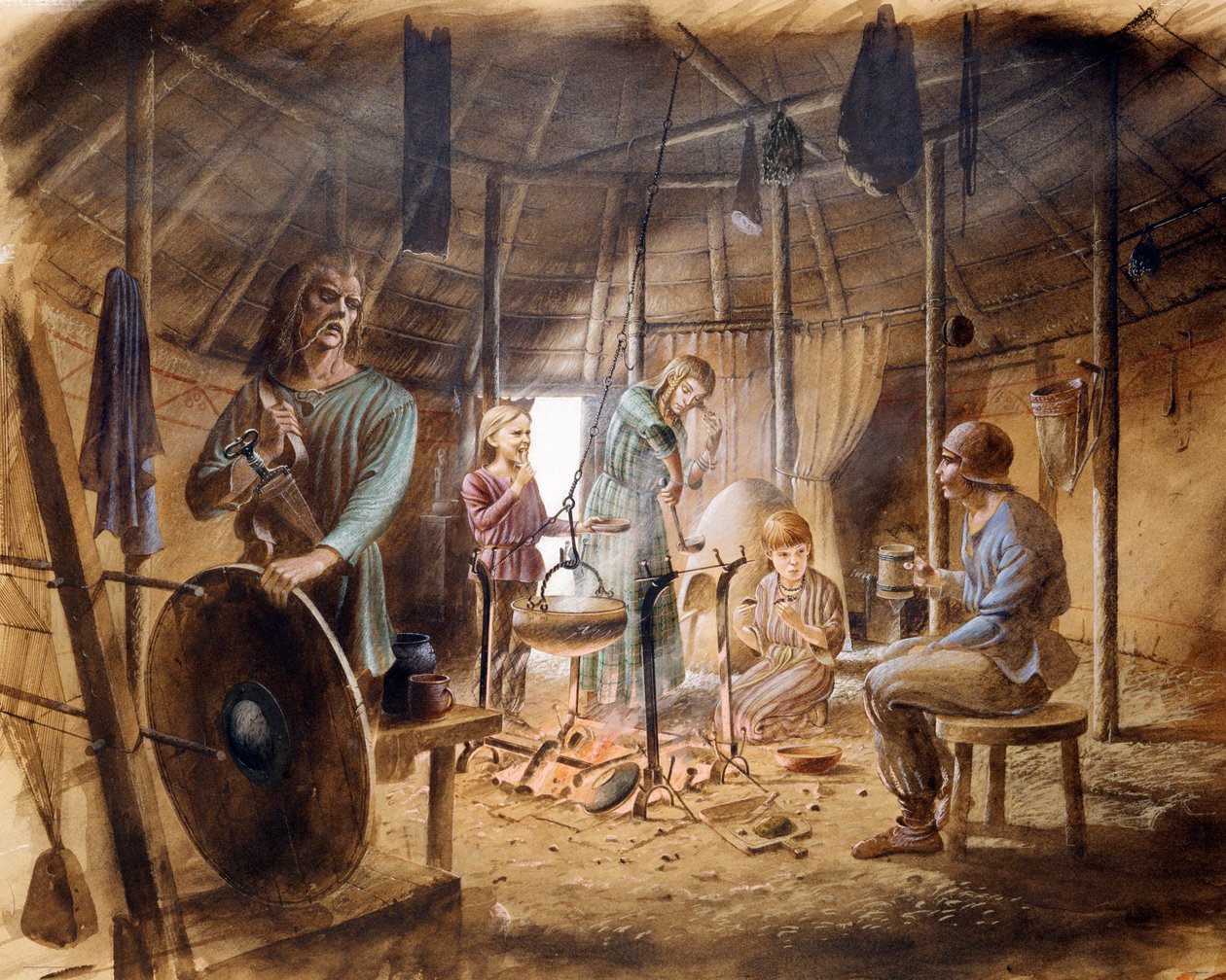 Dentro de una casa de la Edad de Hierro, siglo V a.C., c1990-2010 de Paul Birkbeck
