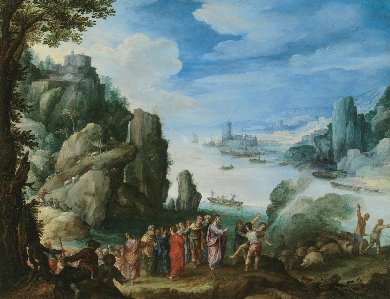 Paisaje rocoso con la curación del poseído de Paul Bril