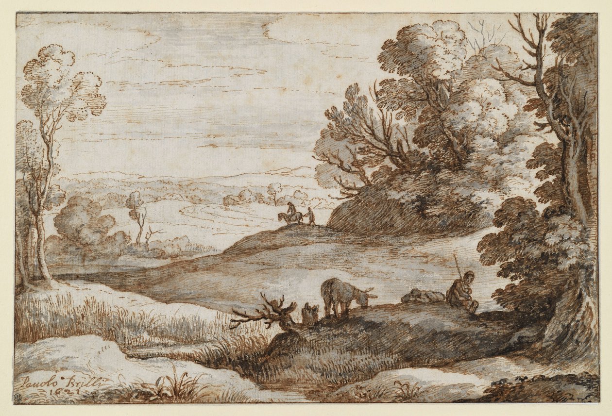 Paisaje de colinas con árboles y vistas; en primer plano, dos hombres y un burro de Paul Bril
