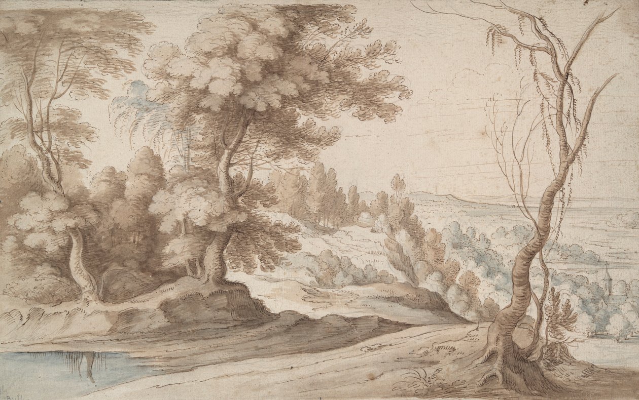 paisaje con árboles y vista a un valle de Paul Bril