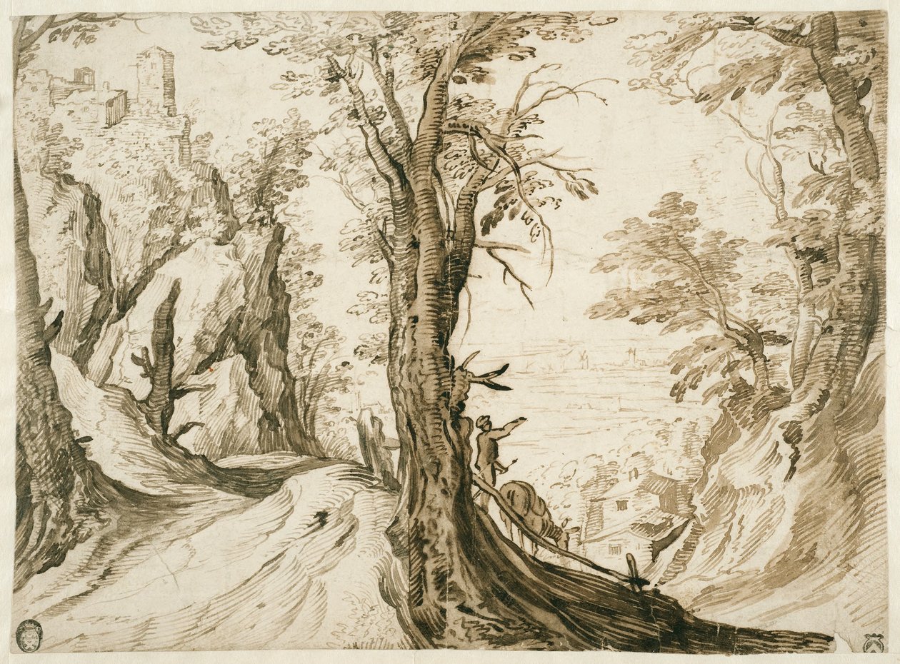 Paisaje montañoso con un camino que desciende hacia un valle de Paul Bril
