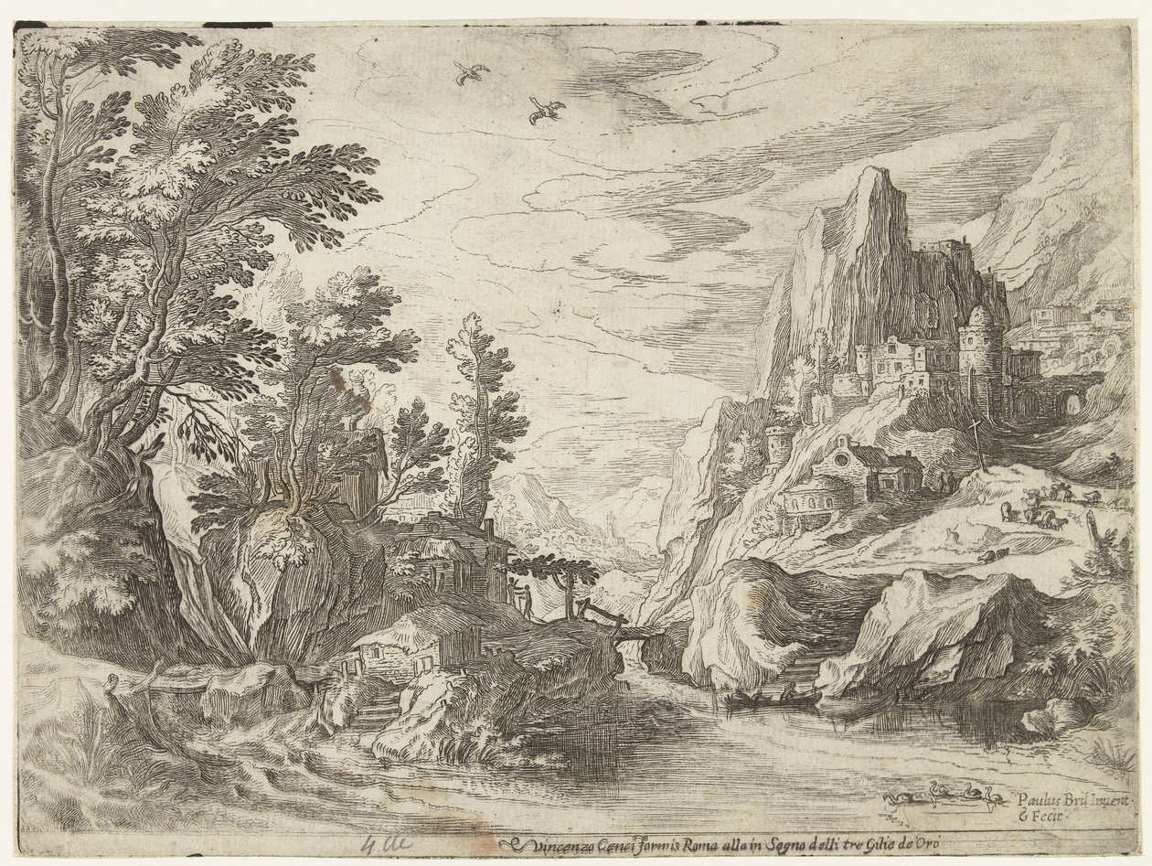 Paisaje fluvial en Campania con una ciudad sobre rocas de Paul Bril