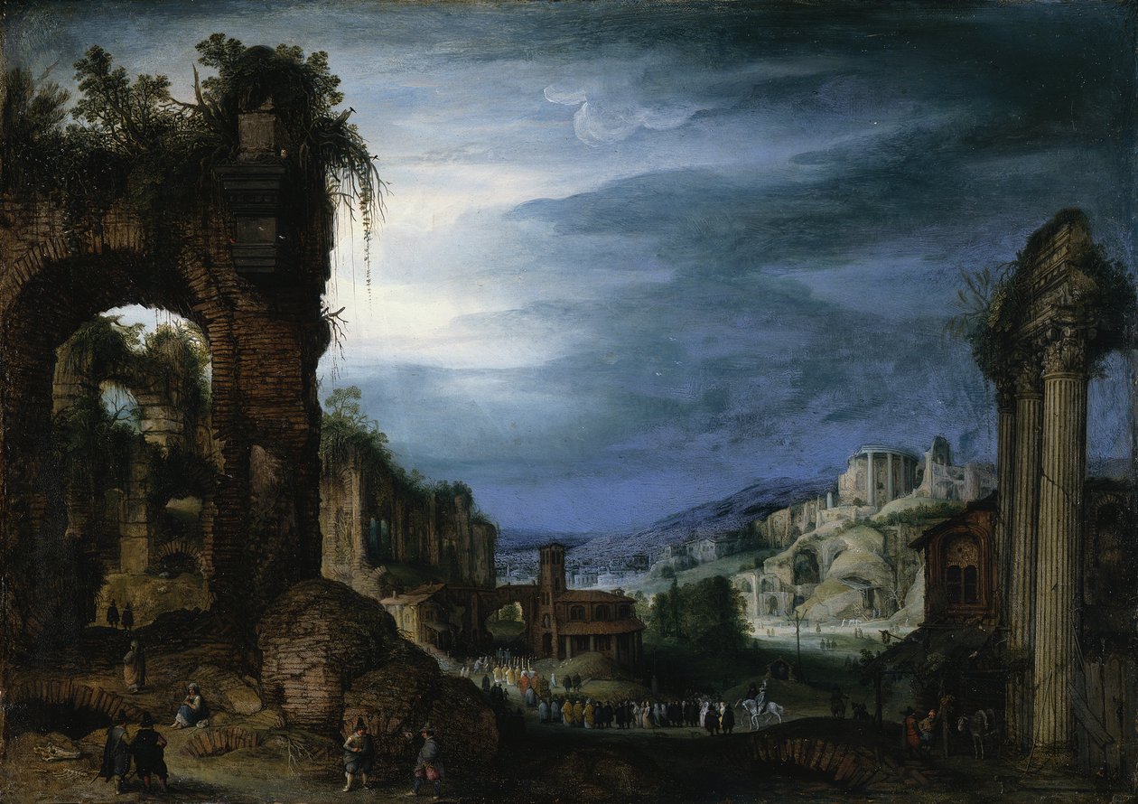 Paisaje de ruinas romanas con una procesión de Paul Bril