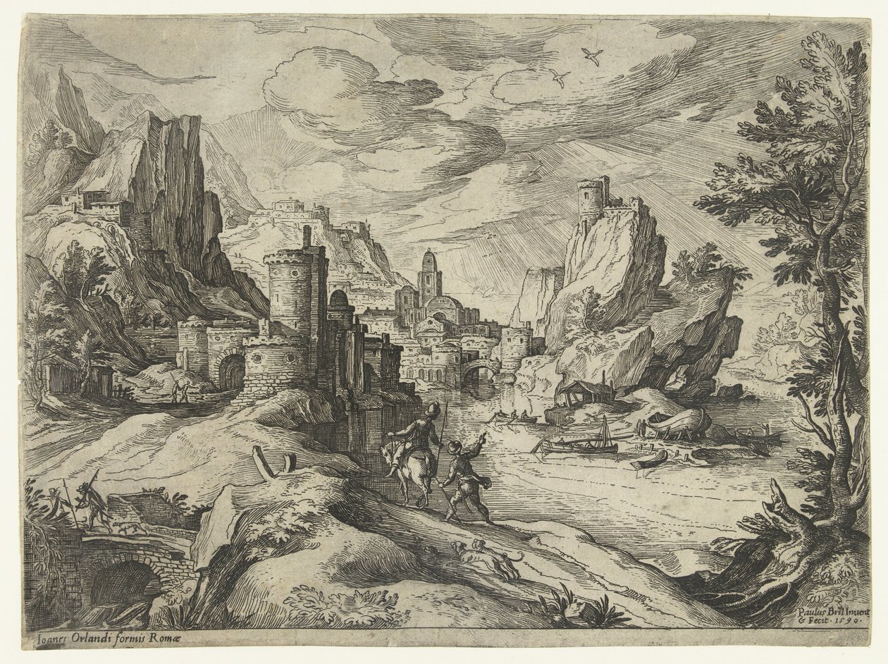 Costa de roca en Campania con ciudad y viajeros de Paul Bril
