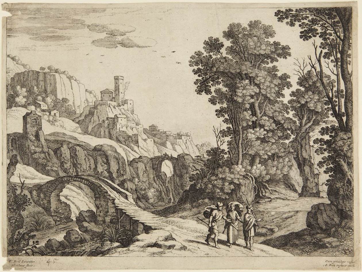 Tres hombres en un camino de Paul Bril