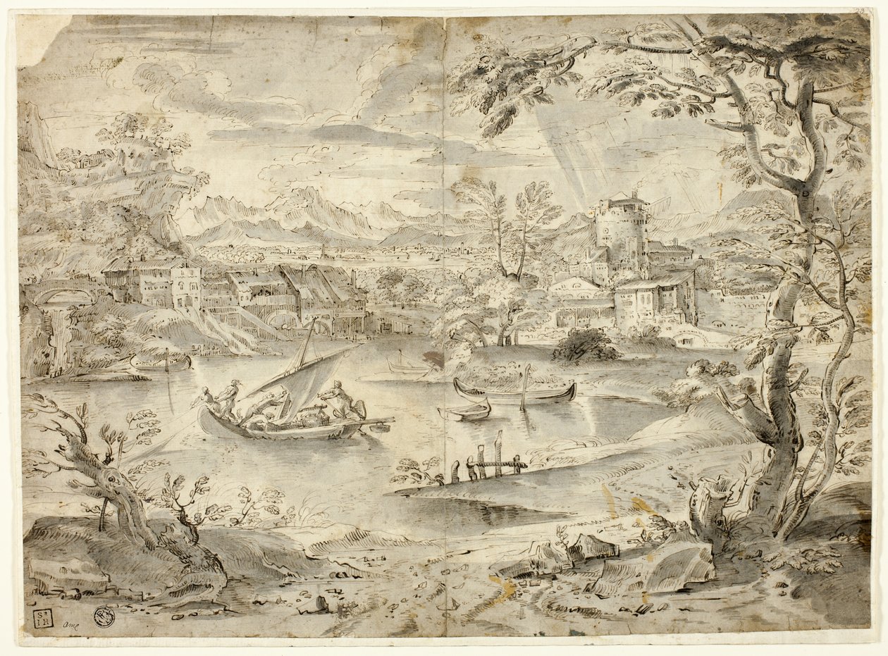 Vista de la ciudad con barco de pesca en primer plano de Paul Bril