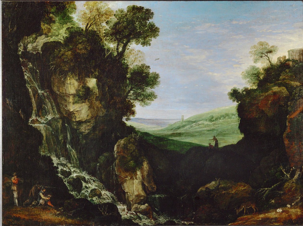Paisaje con cascada y templo de Vesta en Tívoli de Paul Brill or Bril