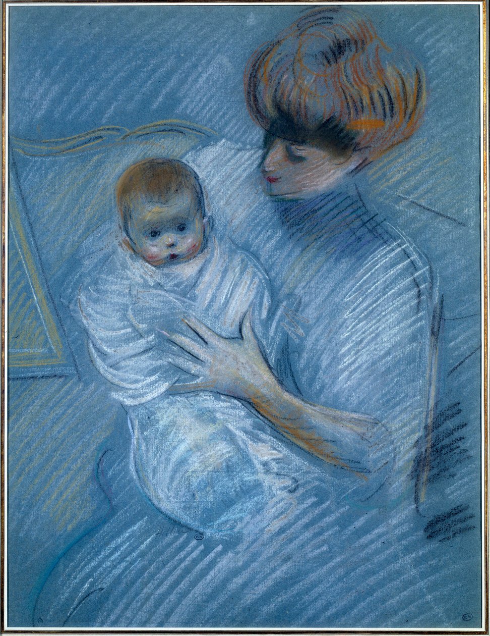 Maternidad. Dibujo de Paul Helleu (1859-1927), siglo XX. Retrato de una madre con su hijo. Bayona, Museo Bonnat de Paul Cesar Helleu