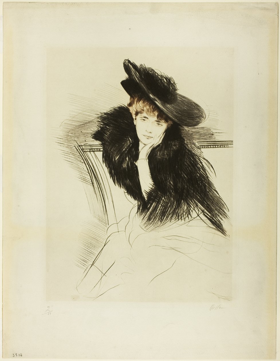 Mujer sentada inclinada hacia delante, con la barbilla apoyada en la mano izquierda de Paul Cesar Helleu