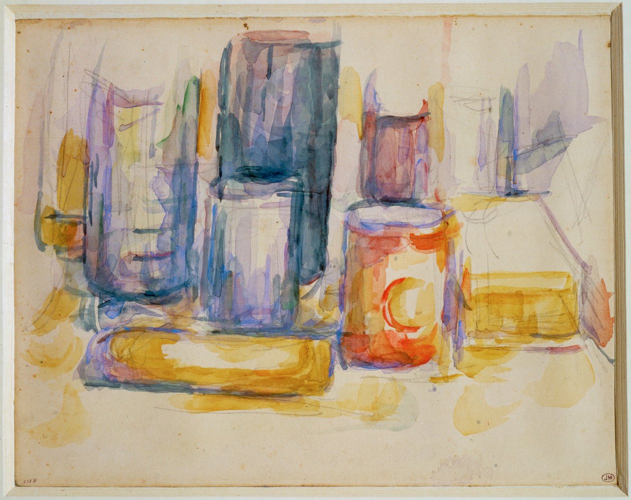 Una mesa de cocina, ollas y botellas (pintura) de Paul Cézanne