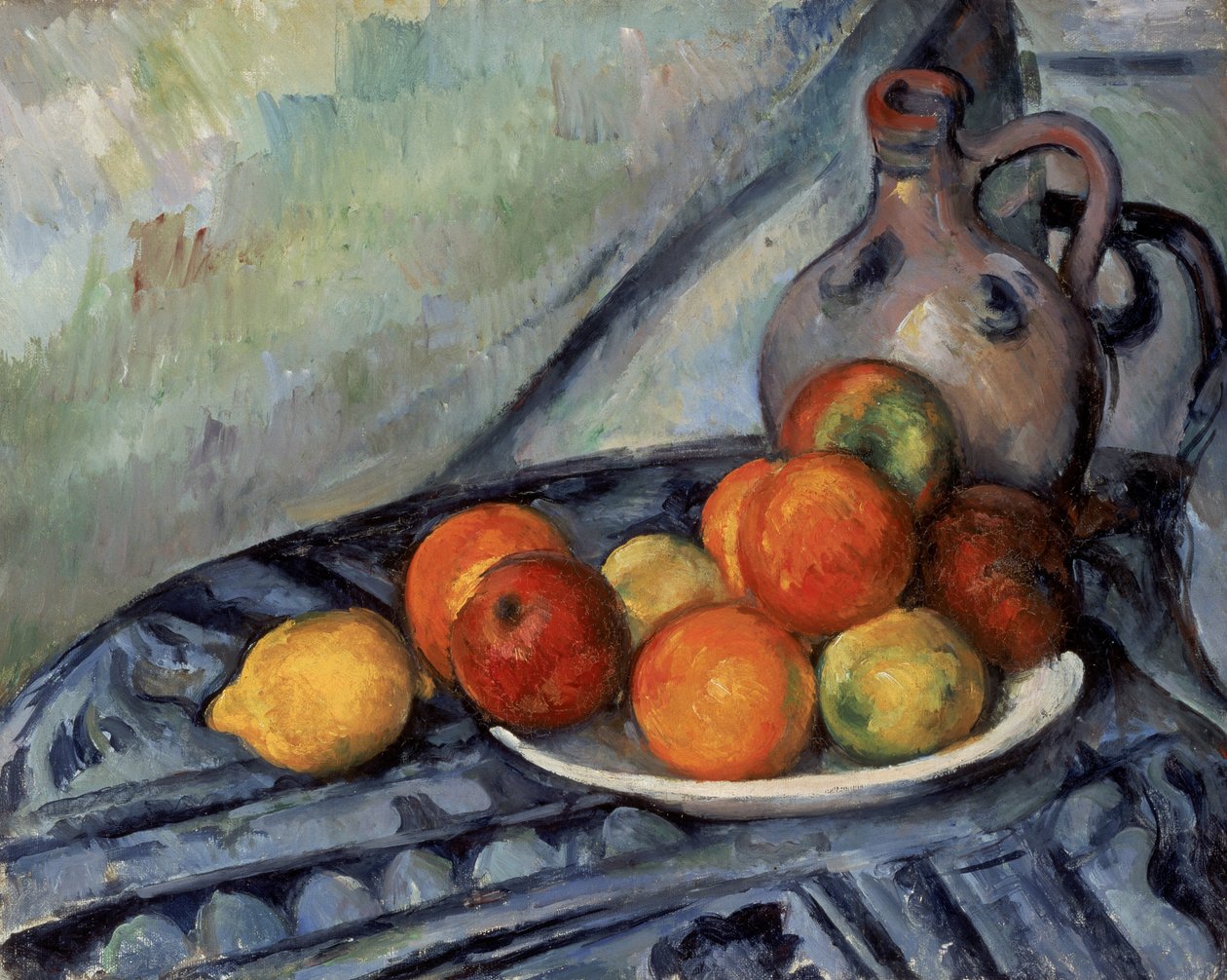 Fruta y una jarra sobre una mesa de Paul Cézanne