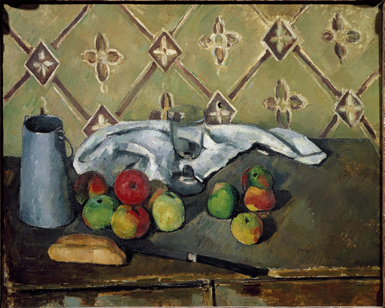 Frutas, servilleta y caja de leche de Paul Cézanne