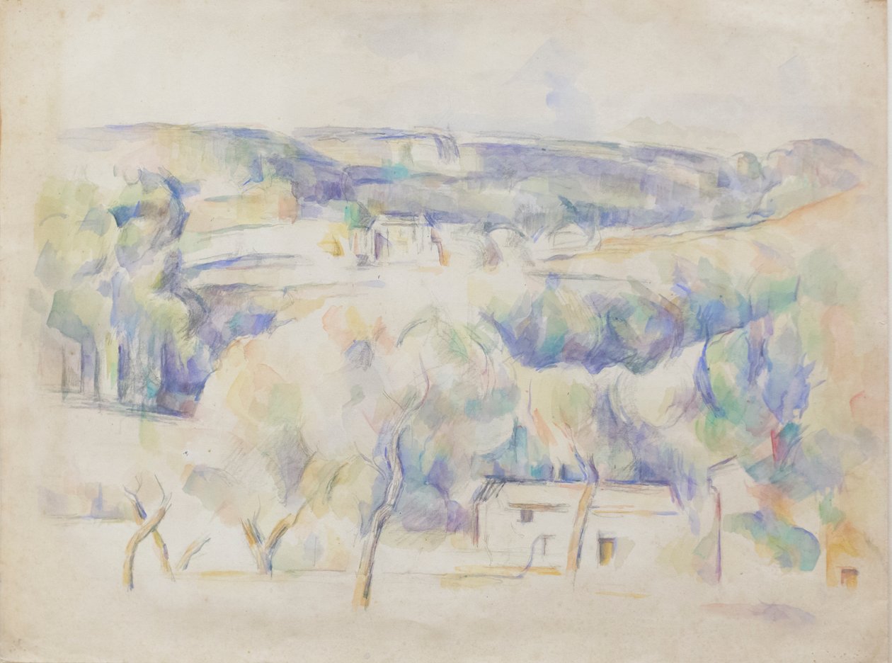 Casa y arboleda, c.1890 (lápiz y aguarela sobre papel) de Paul Cézanne