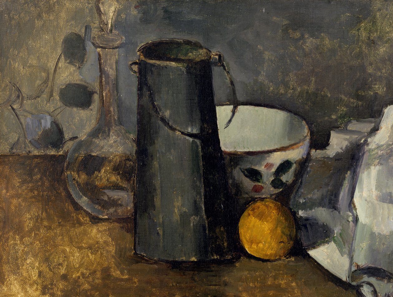 Naturaleza Muerta con Garrafa, Lata de Leche, Cuenco y Naranja de Paul Cézanne