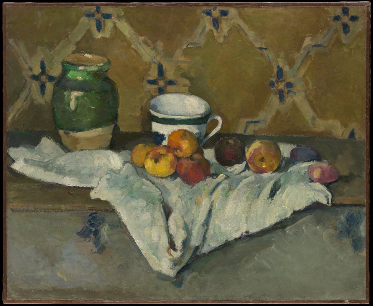 Naturaleza muerta con jarra, taza y manzanas de Paul Cézanne