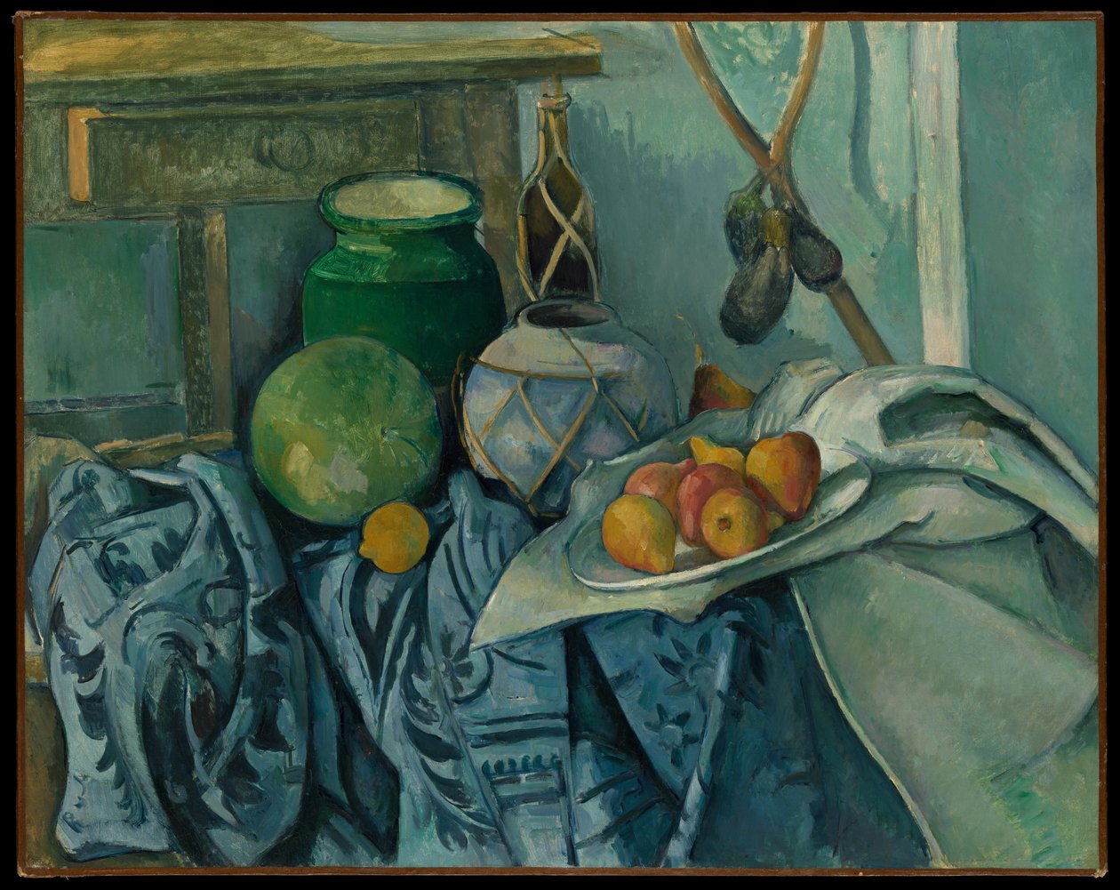 Naturaleza muerta con un tarro de jengibre y berenjenas de Paul Cézanne
