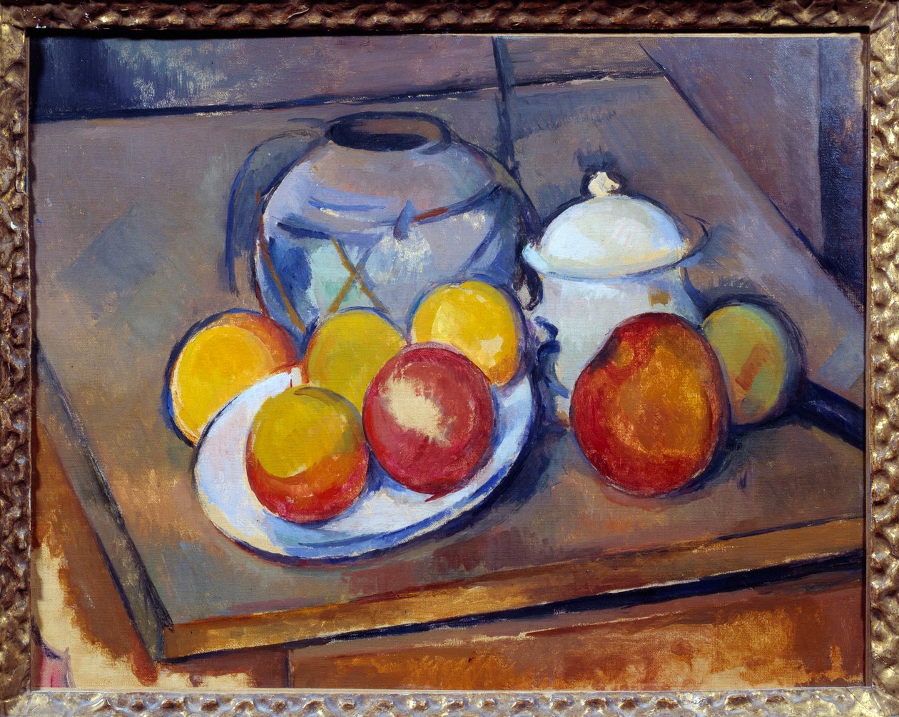 Jarra de paja, azucarero y manzanas de Paul Cézanne