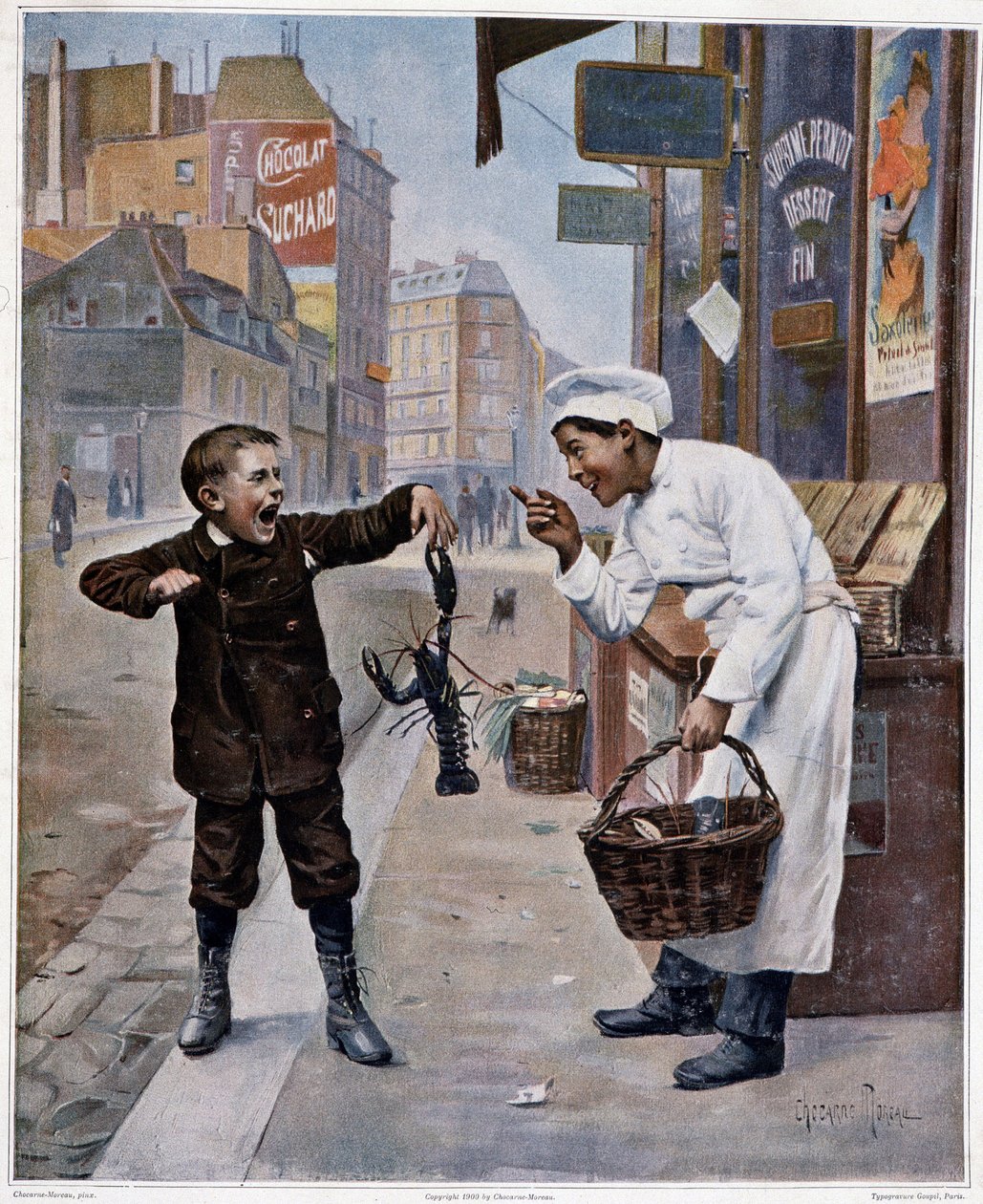 Joven cocinero burlándose de un niño pellizcado por una langosta - dibujo de Chocarne-Moreau de Paul Charles Chocarne Moreau