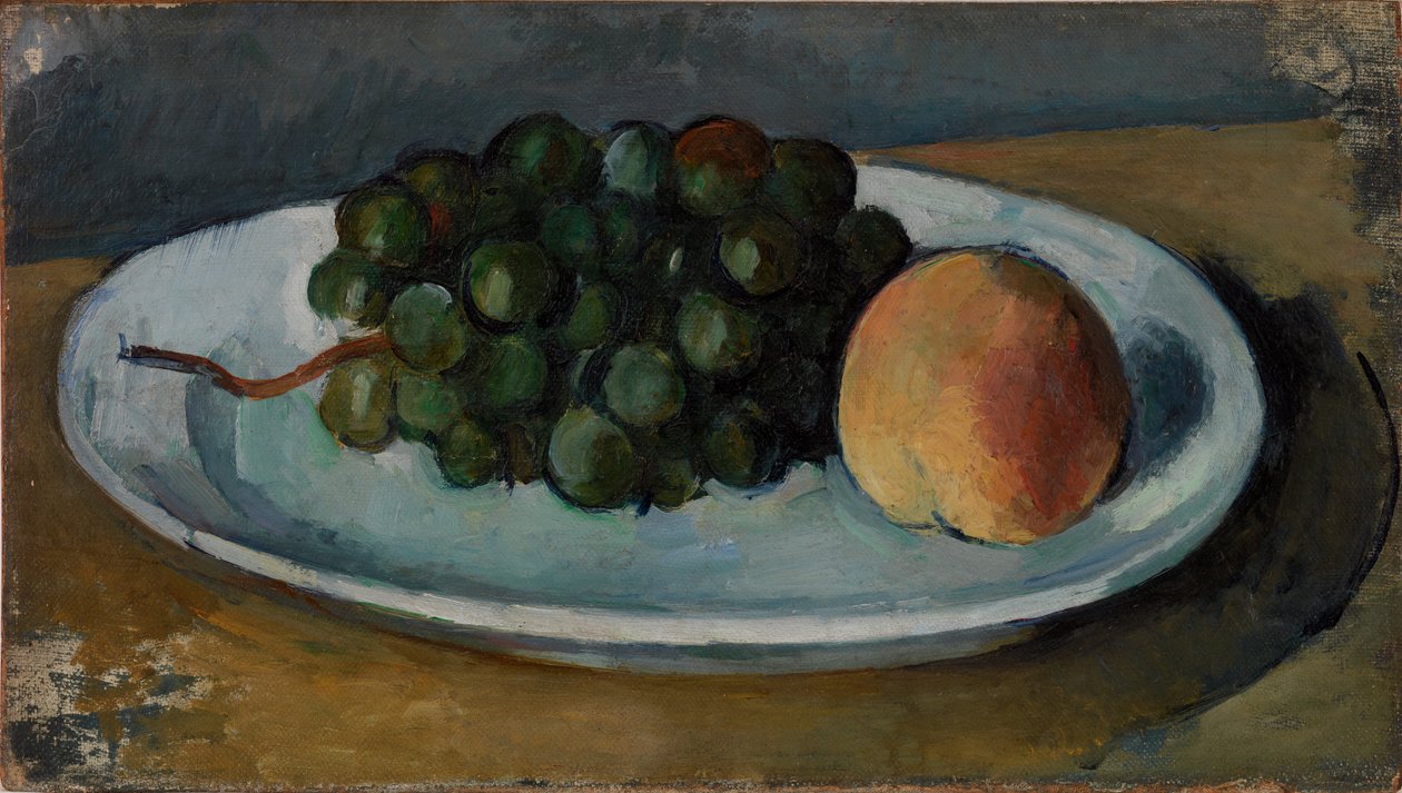 Uvas y melocotón en un plato de Paul Cézanne