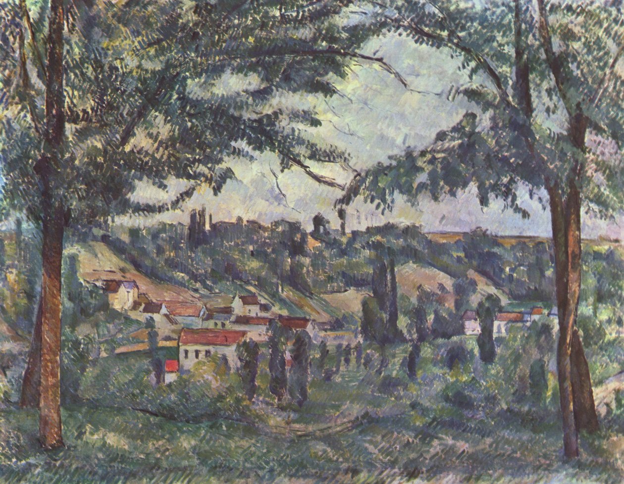El Hameau des Pâtis en Pontoise, enmarcado por árboles de Paul Cézanne