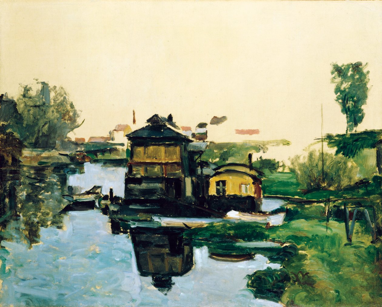 Casas flotantes en un río de Paul Cézanne