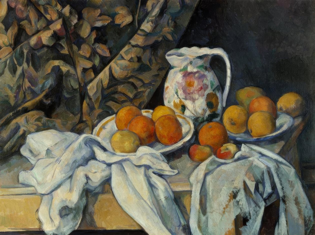 Naturaleza muerta con cortina y jarra florida de Paul Cézanne