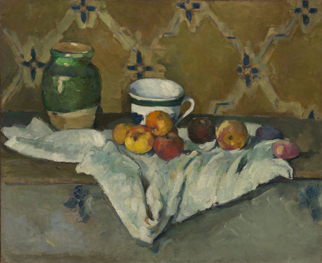 Naturaleza muerta con jarra, taza y manzanas de Paul Cézanne