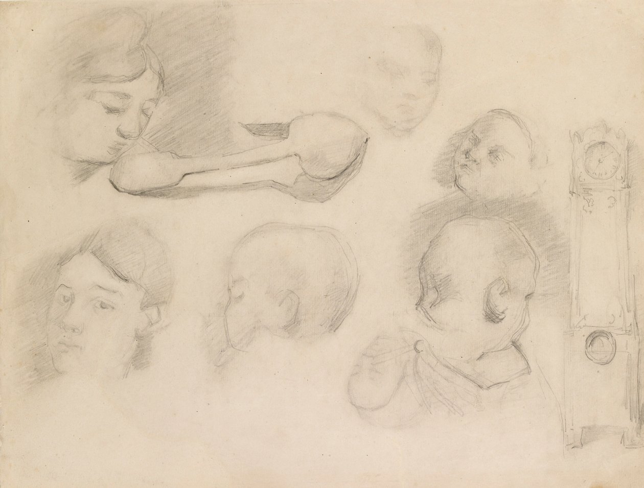 Estudios de la cabeza de un niño, la cabeza de una mujer, una cuchara y un reloj de pie, c1872 de Paul Cézanne