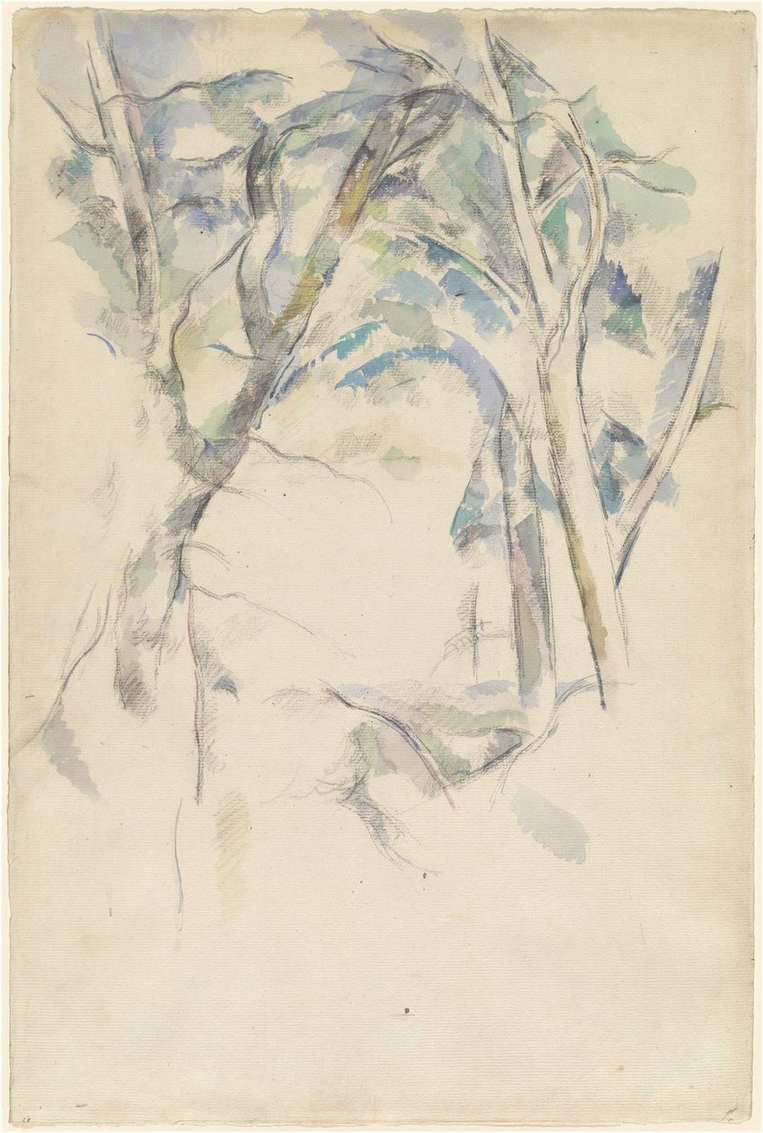 Árboles inclinados sobre rocas de Paul Cézanne