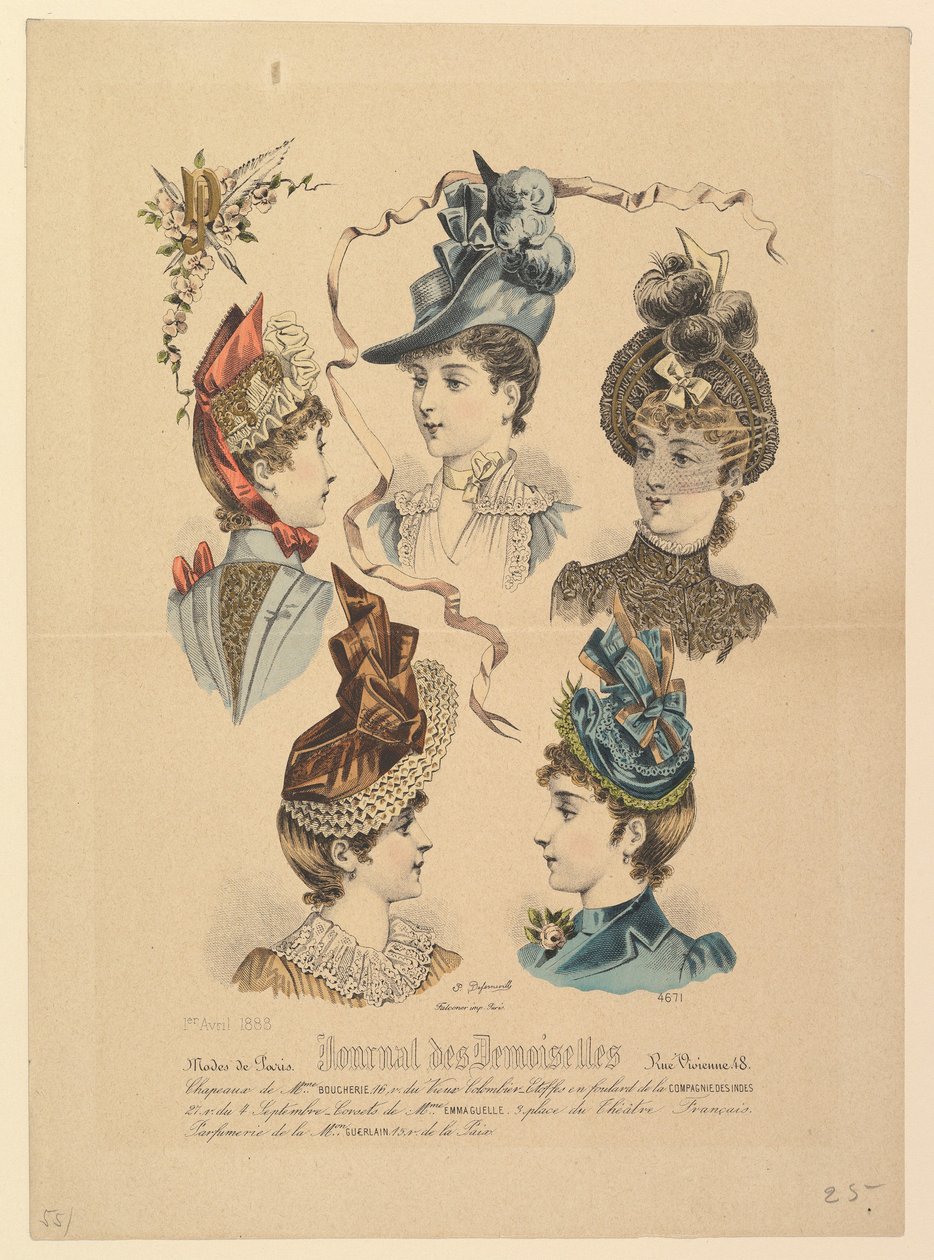 Sombreros de damas, No. 4671, del Journal des Demoiselles, 1 de abril de 1888 de Paul Deferneville