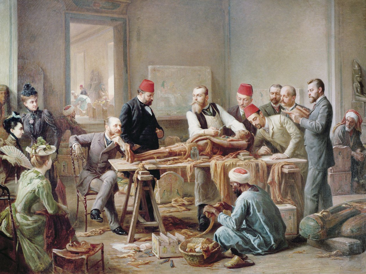 Examen de una momia - Sacerdotisa de Amón, c.1891 (óleo sobre lienzo) de Paul Dominique Philippoteaux