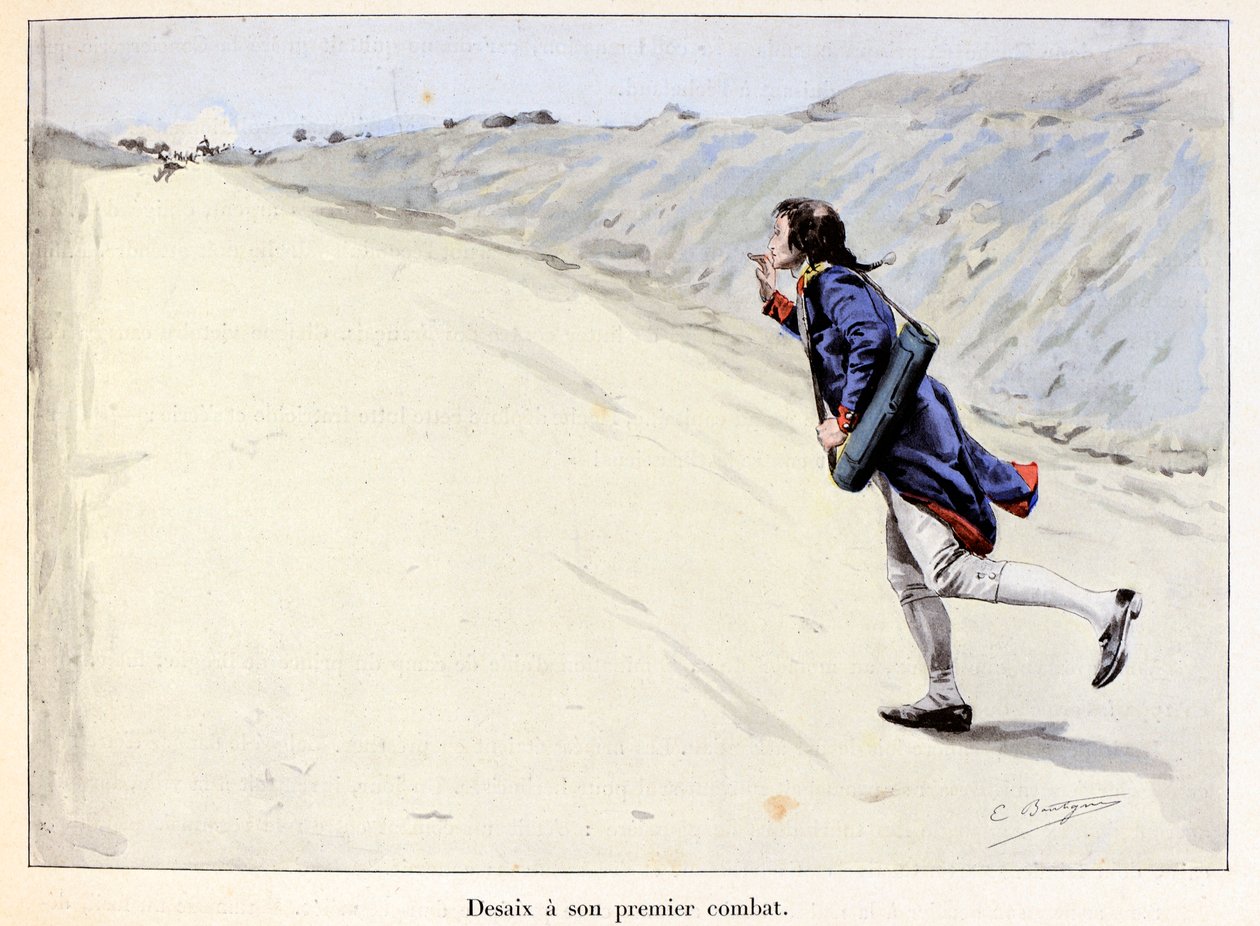 Desaix tiene su primera pelea: Charles Antoine Desaix de Veygoux captura a un prisionero en Landau in der Pfalz mientras el ejército se retira - ilustración de Emile Boutigny en 