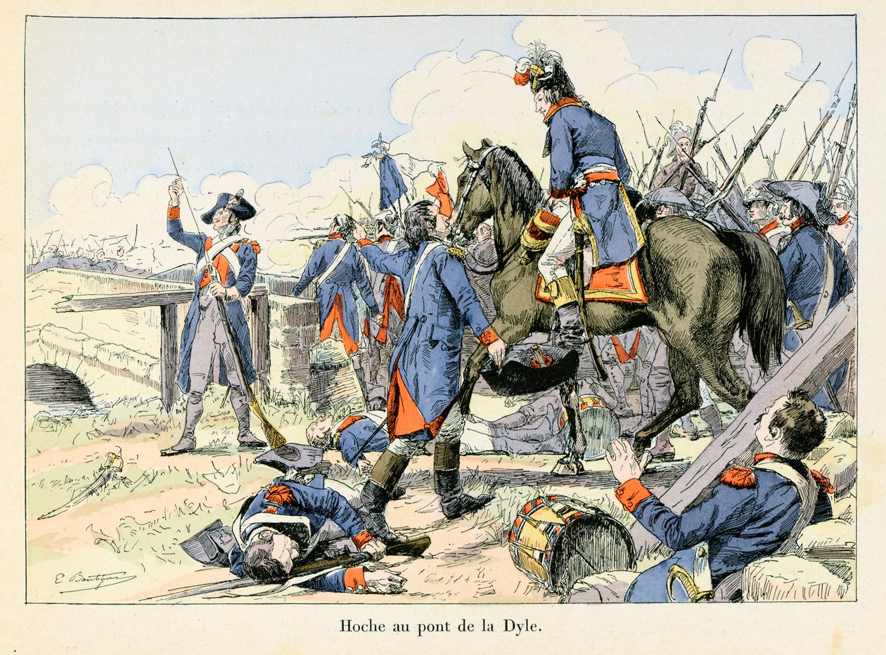 Hoche en el puente de la Dyle: En marzo de 1793, cubriendo la retirada en el paso de la Dyle frente a Lovaina (Bélgica), Lazare Hoche (1768-1797) luchó contra los austriacos - ilustración de Emile Boutigny (1853-1929) en “Hoche-Marceau-Desaix” de Theodore  de Paul Émile Boutigny