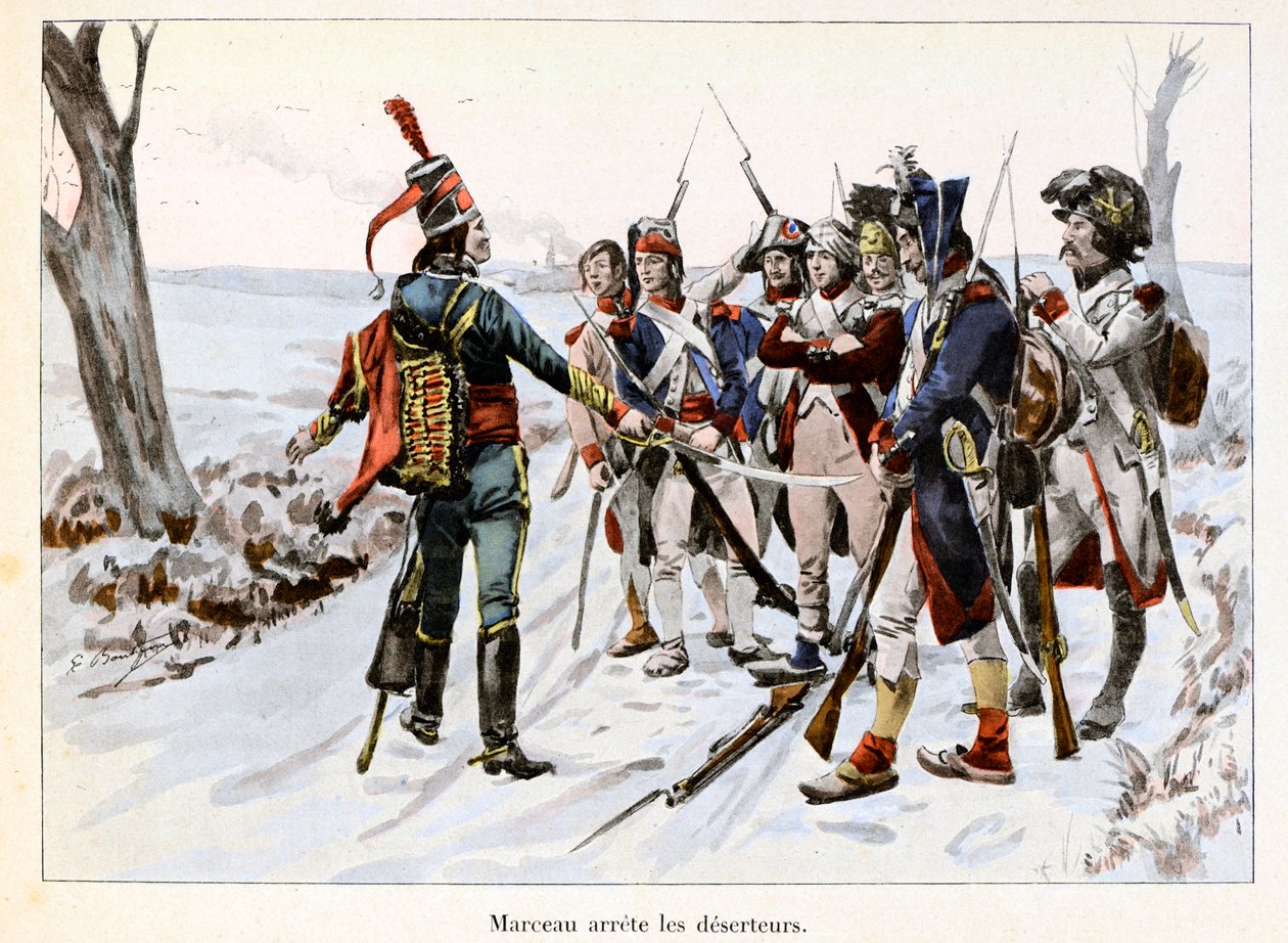 Marceau detiene a los desertores: François-Séverin Marceau detiene a los soldados del ejército republicano en la Vendée - Ilustración de Emile Boutigny en “Hoche-Marceau-Desaix” de Théodore Cahu de Paul Émile Boutigny