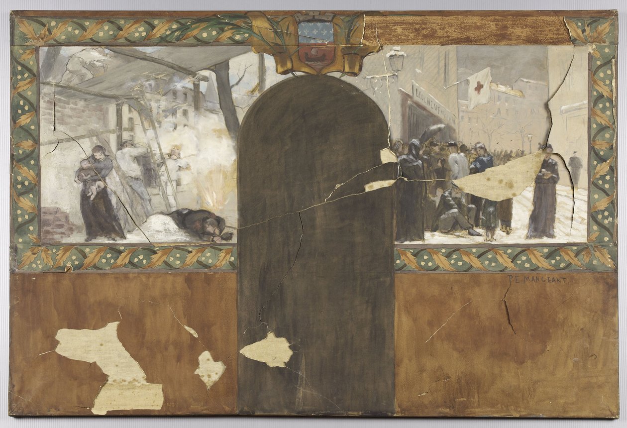 Boceto para el despacho del prefecto en el Hôtel de Ville de París: El bombardeo de París - La cola ante una carnicería municipal de Paul Emile Mangeant