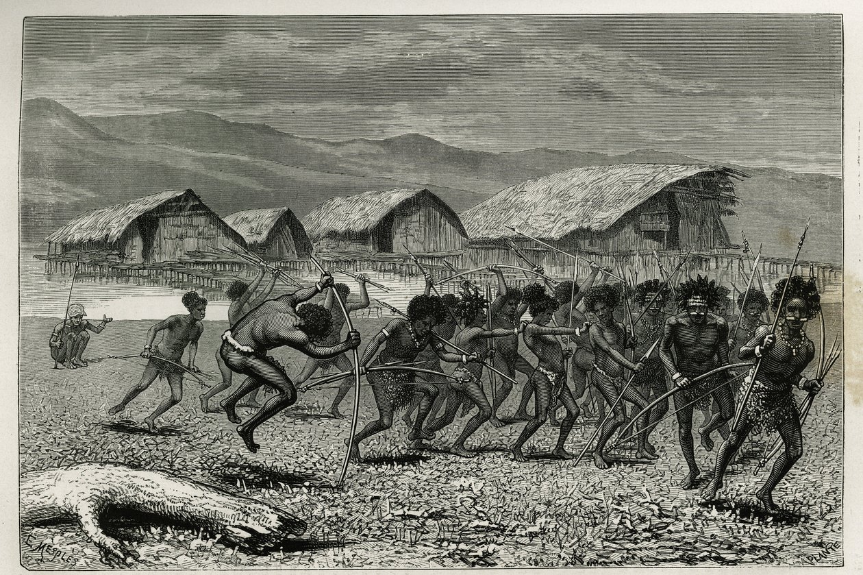 Descenso de los guerreros Papus Arfaks en Dorey (Nueva Guinea Occidental), ilustración del viaje a Nueva Guinea por Achille Raffray, encargado de una misión científica por el Ministerio de Educación Pública, en 1876-1877, publicado en Le tour du monde de Paul Eugene (after) Mesples