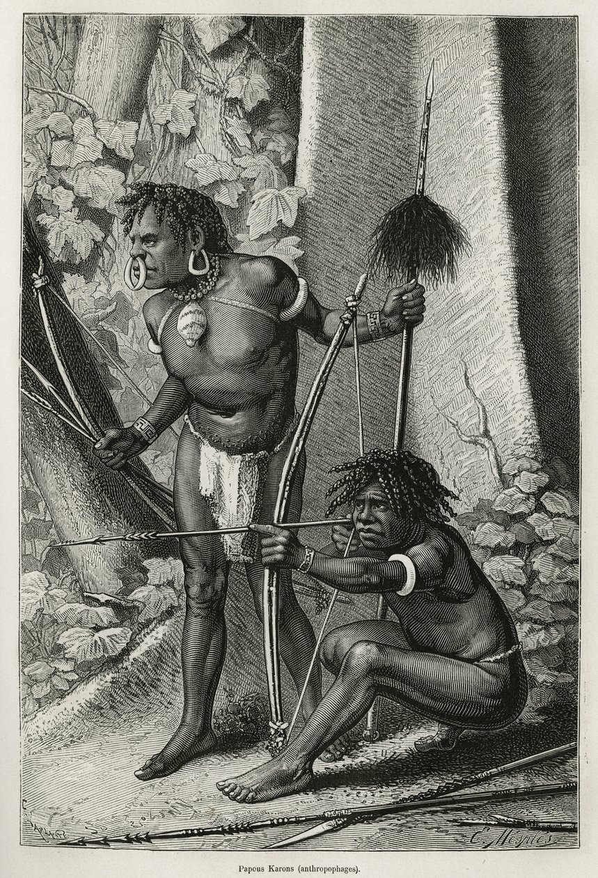 Retratos de dos papúes Karons, antropófagos, grabado por E.Mesples, para ilustrar el viaje a Nueva Guinea por Achille Raffray, encargado de una misión científica por el Ministerio de Educación Pública, en 1876-1877, publicado en Le tour du monde de Paul Eugene (after) Mesples