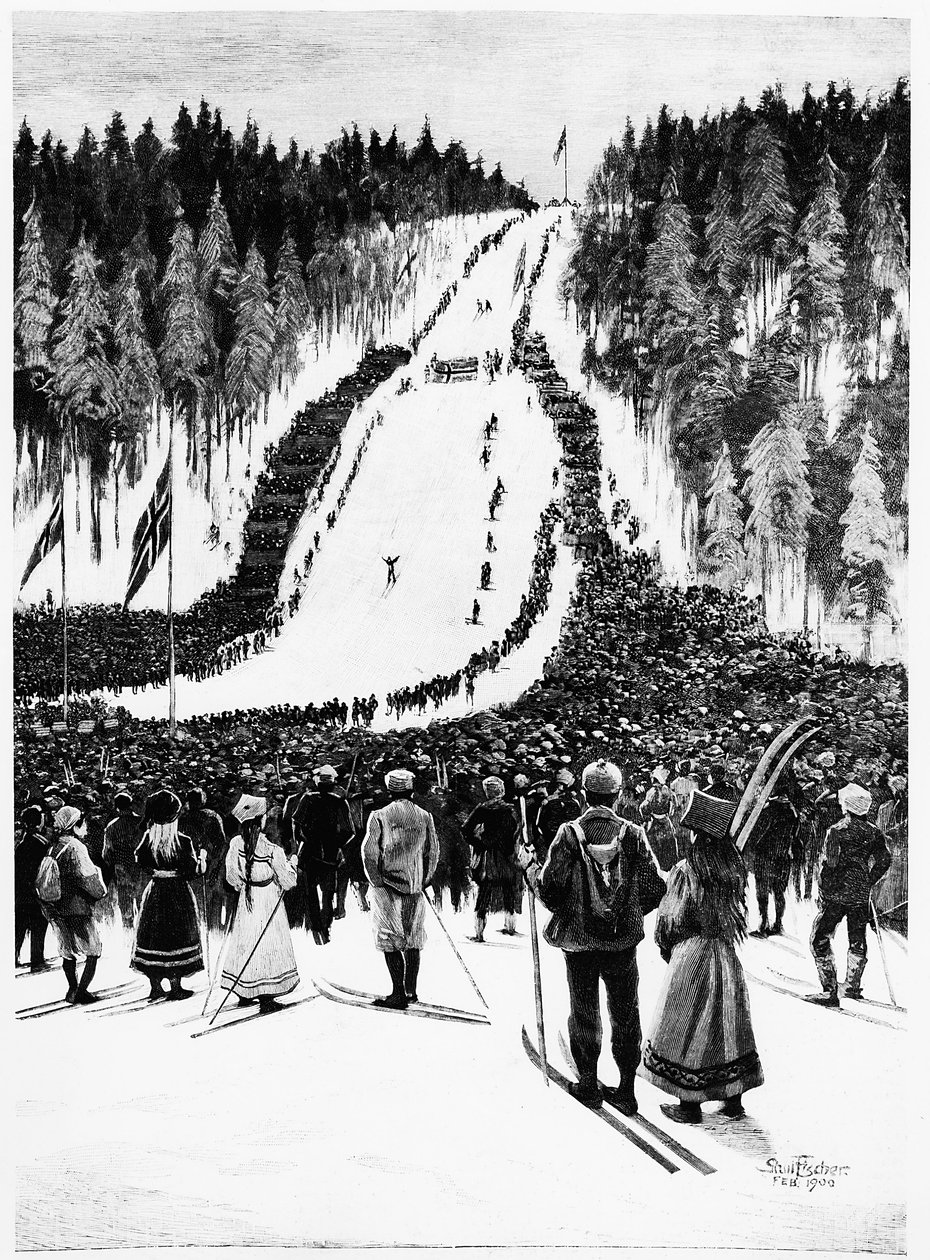 Esquí: El derby noruego, la carrera de esquí - dibujo de Paul Fisher, feb. 1900, Bibl. des Arts Deco de Paul Fischer