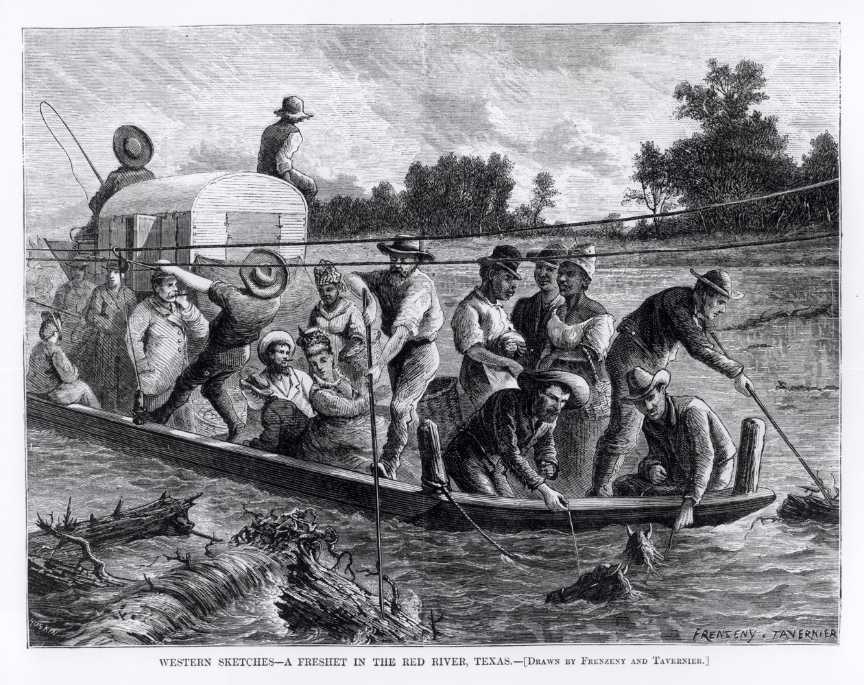 Bocetos del oeste, una crecida en el río Rojo, Texas, ilustración de 