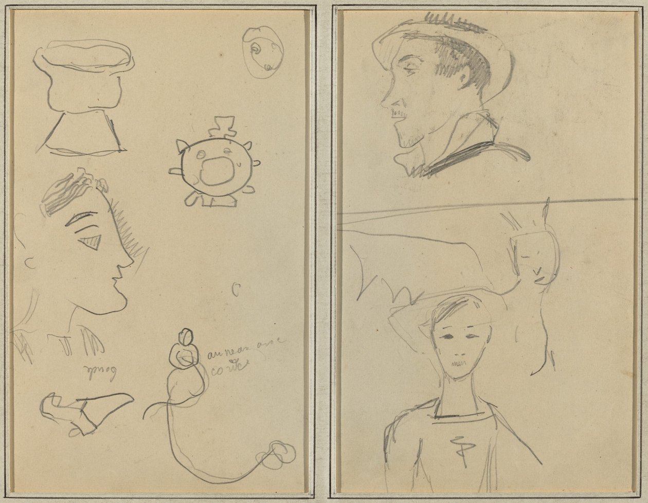 Una Caricatura y Cinco Formas; Un Hombre de Perfil, una Criatura Alada y un Niño [verso] de Paul Gauguin
