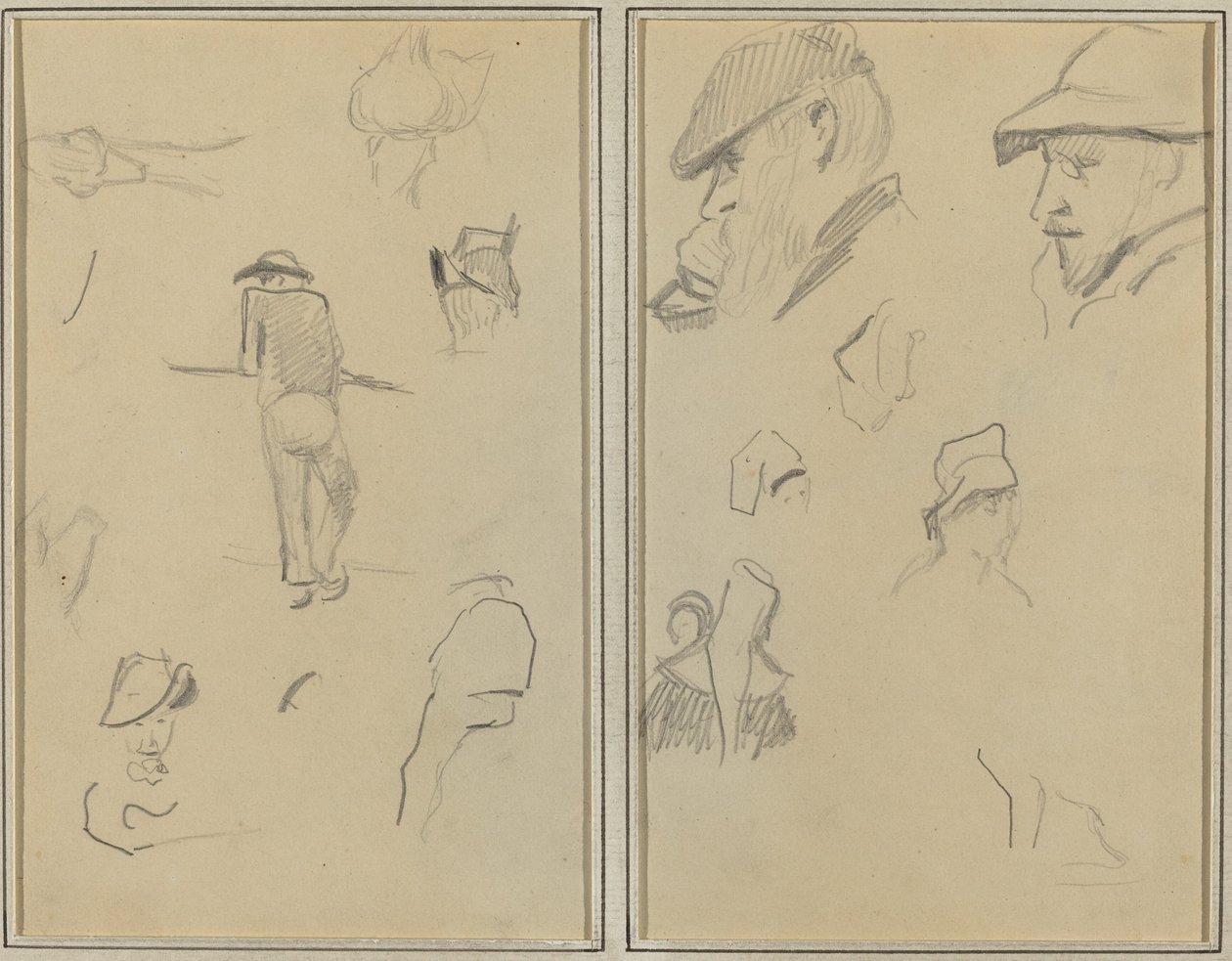 Un Hombre Apoyado en una Pared con Cinco Otros Estudios; Dos Hombres Barbados con Sombreros, y Cinco Otros Estudios de Paul Gauguin