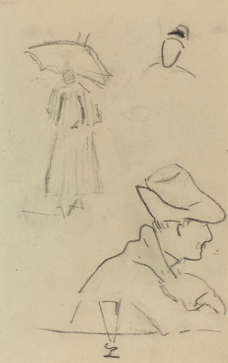 Una persona con paraguas y un hombre sentado con sombrero y vaso [verso] de Paul Gauguin