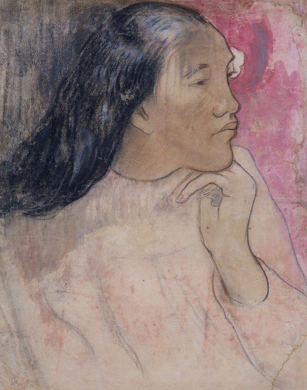 Una mujer tahitiana con una flor en el cabello, 1891-92 de Paul Gauguin