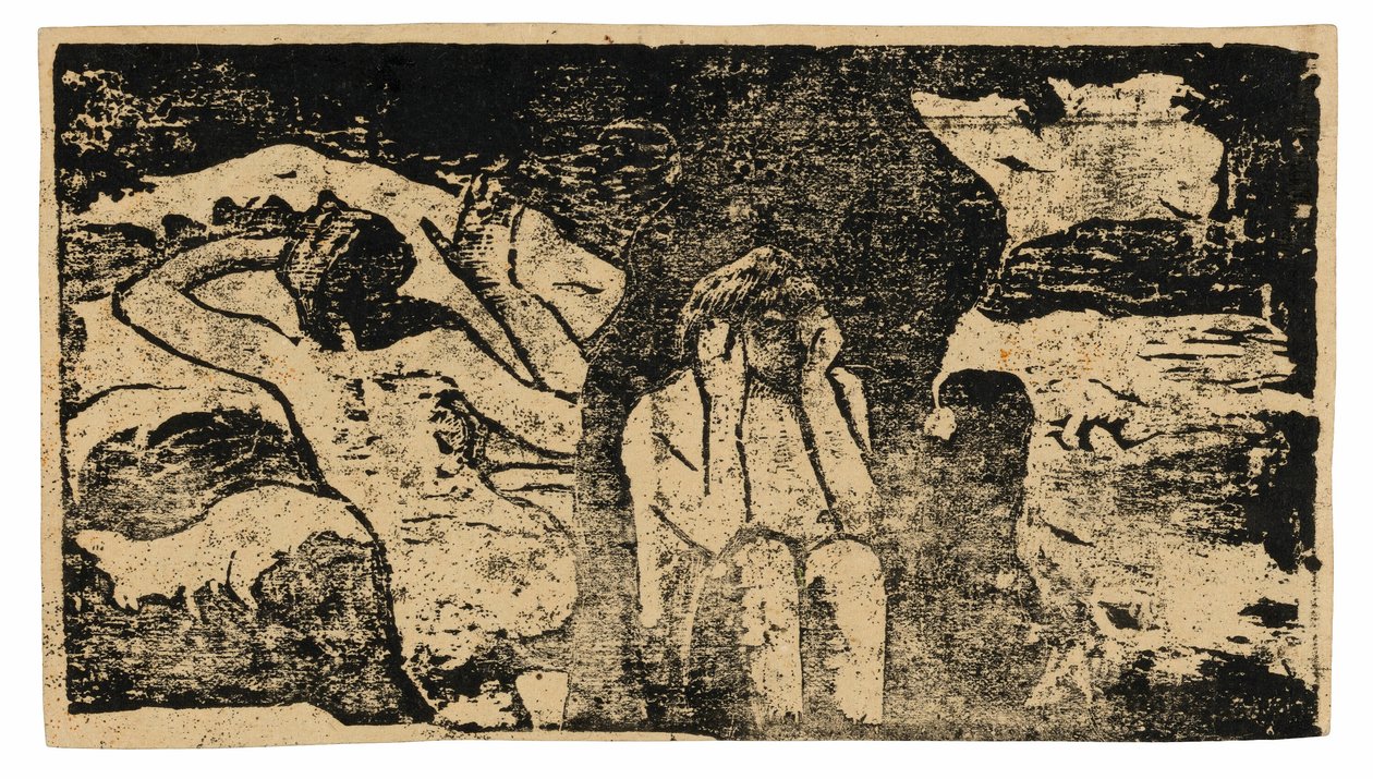 En las rocas negras, de la serie de grabados tardíos en madera de Paul Gauguin
