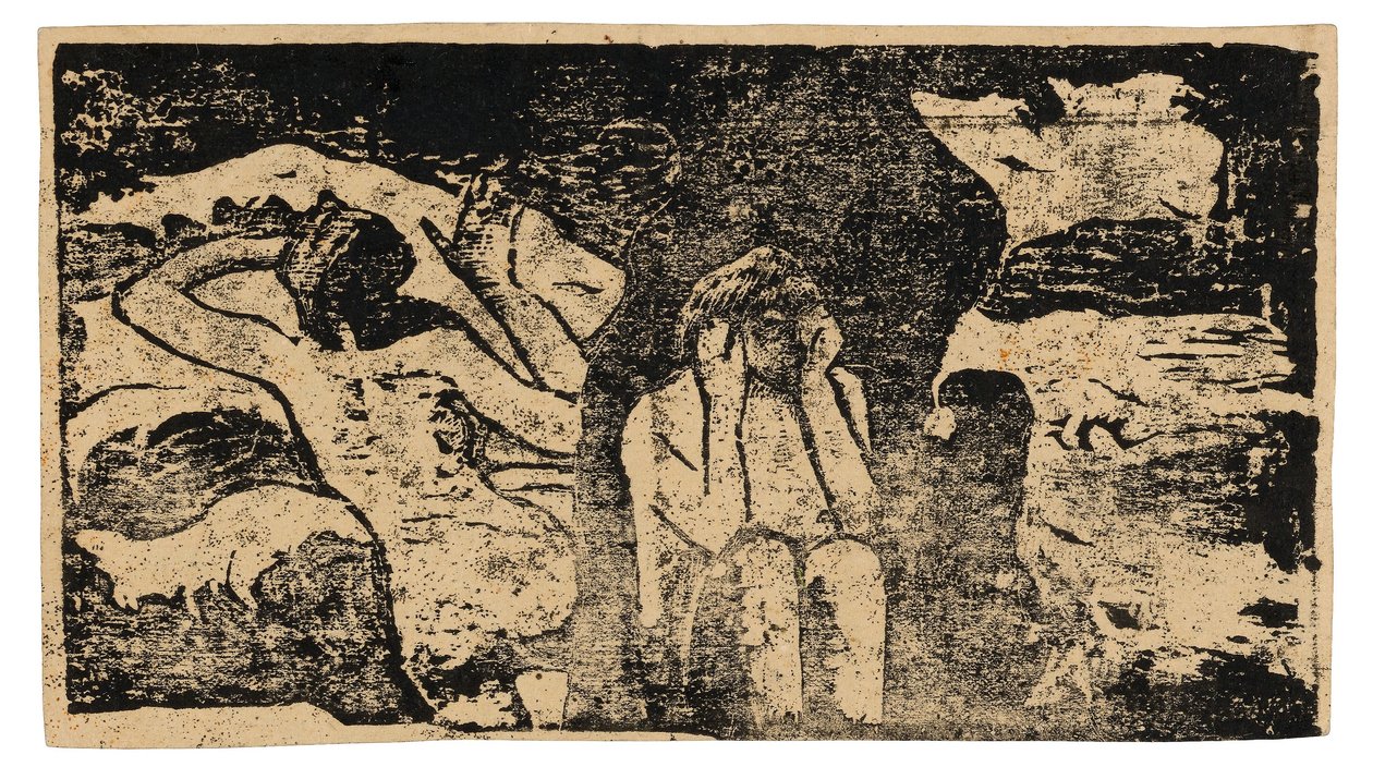En las rocas negras, de la serie de xilografías tardías de Paul Gauguin