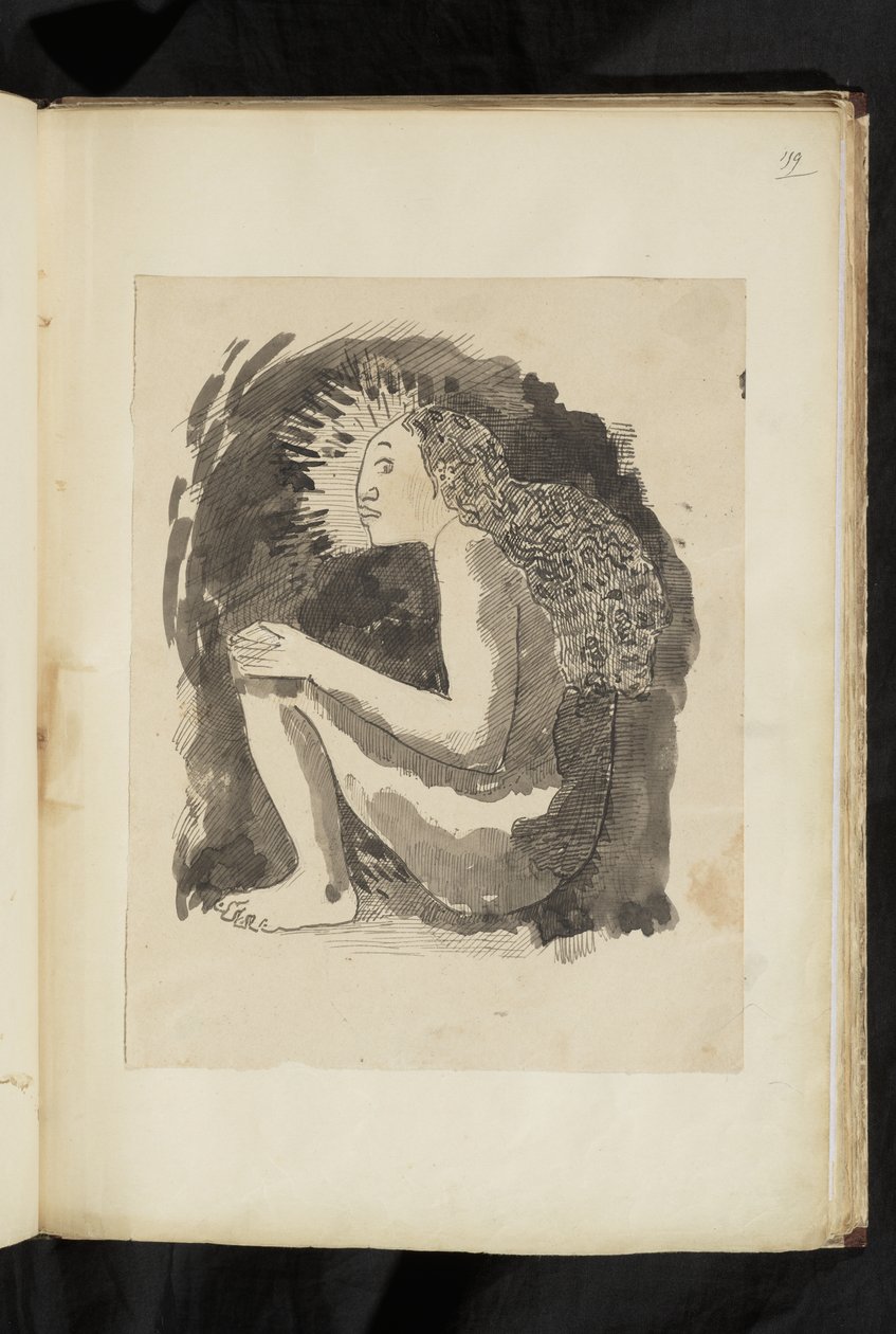 Antes y después - dibujo de una mujer nativa desnuda sentada, de perfil, con las rodillas dobladas de Paul Gauguin